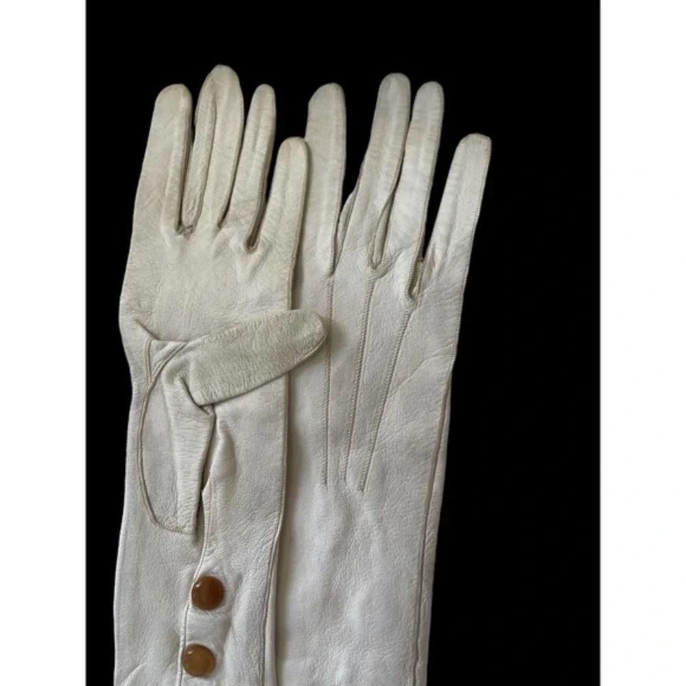 Vintage French White Kid Leather Elbow Length Opera Gloves Pearl Buttons XS